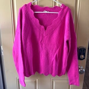 eesome Fuchsia Scalloped V-Neck Sweater